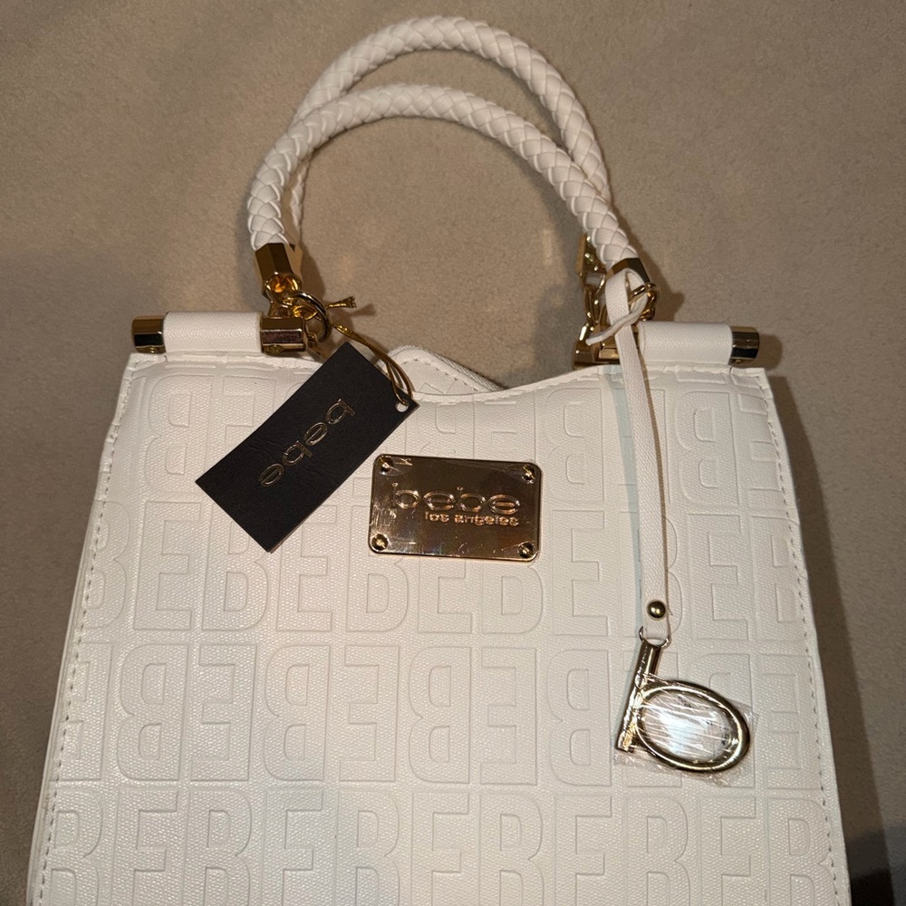 Bebe Embossed White Satchel with Gold Details